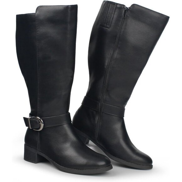 ⚡Women's Black Synthetic Extra Wide Calf Pull On Side Zipper Knee High Boots - Picture 1 of 6
